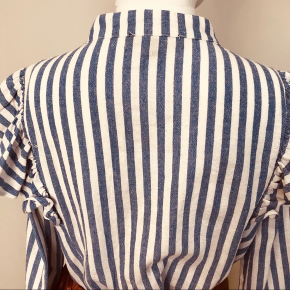 SOLD Blue & White Stripe Cotton Long Sleeve MVN Ruffle Button Up Shirt 12 - Picture 11 of 16